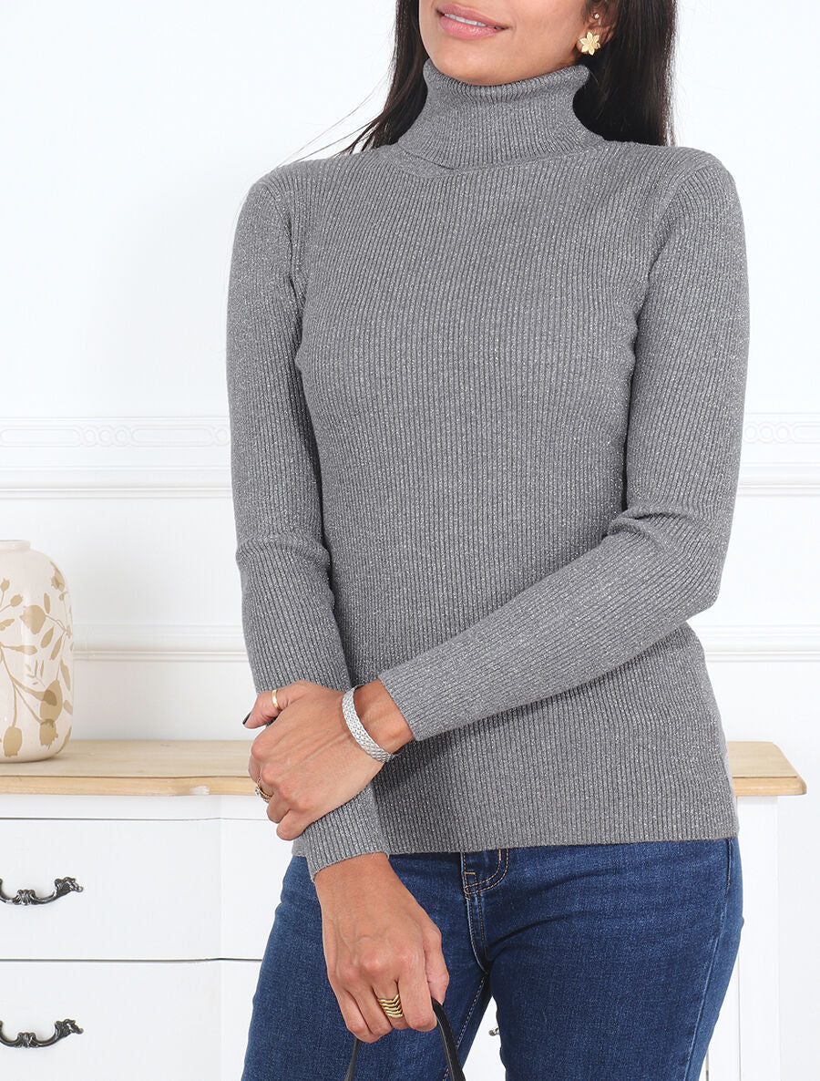 Pull col roulé ajusté et irisé - Gris - 4