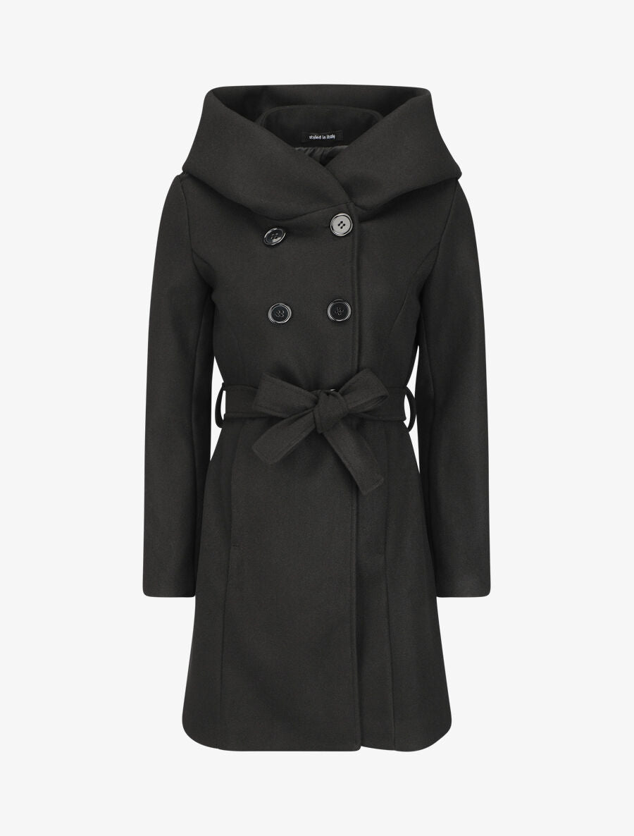 Manteau mi-long ceinturé à capuche - Noir - 3