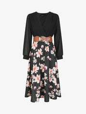 Robe longue à fleurs et col cache-coeur - Noir - 1