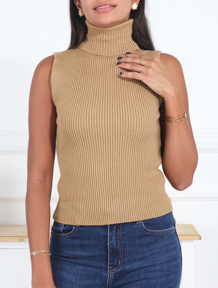 Pull ajusté sans manches à col roulé - Camel - 4