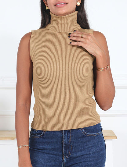 Pull ajusté sans manches à col roulé - Camel - 4