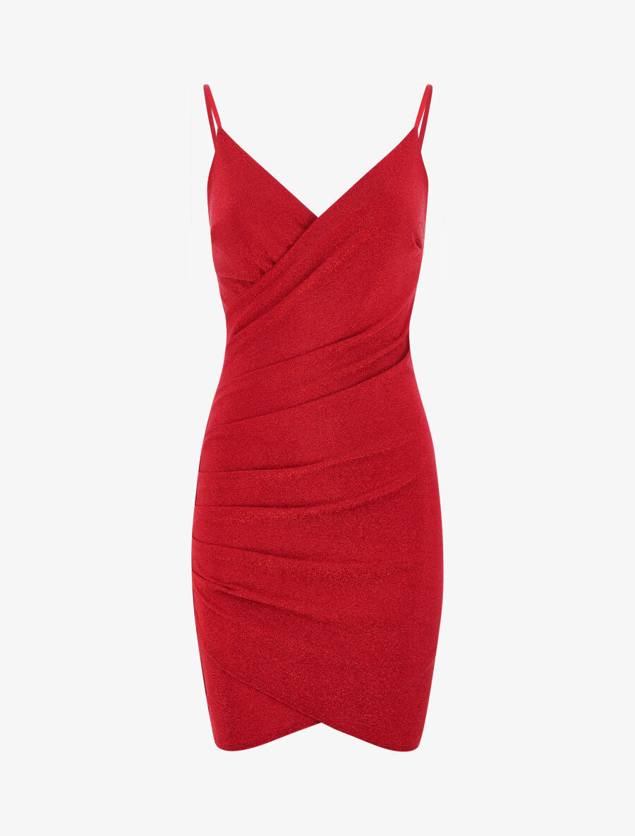 Robe courte effet drapé et pailleté - Rouge - 2