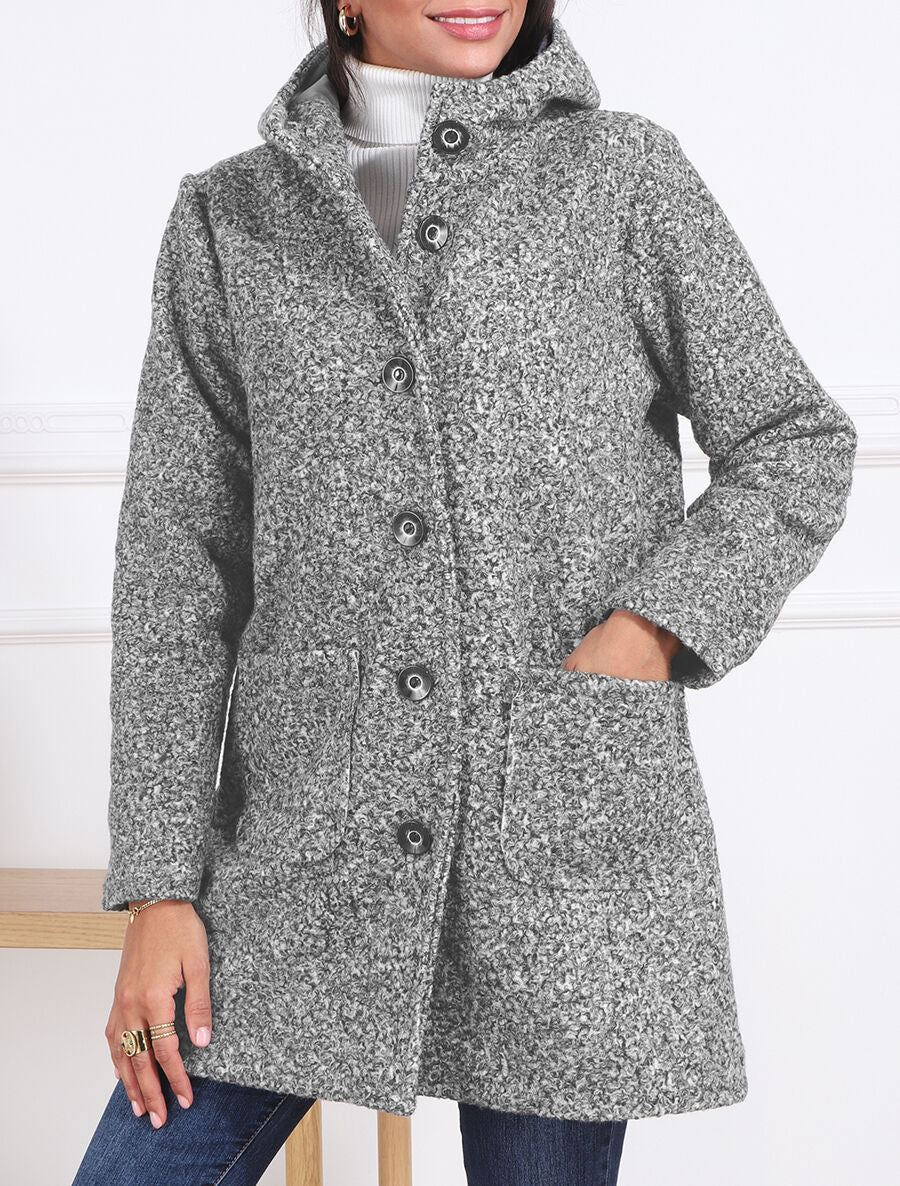 Manteau mi-long bouclé à capuche - Gris clair chiné - 3