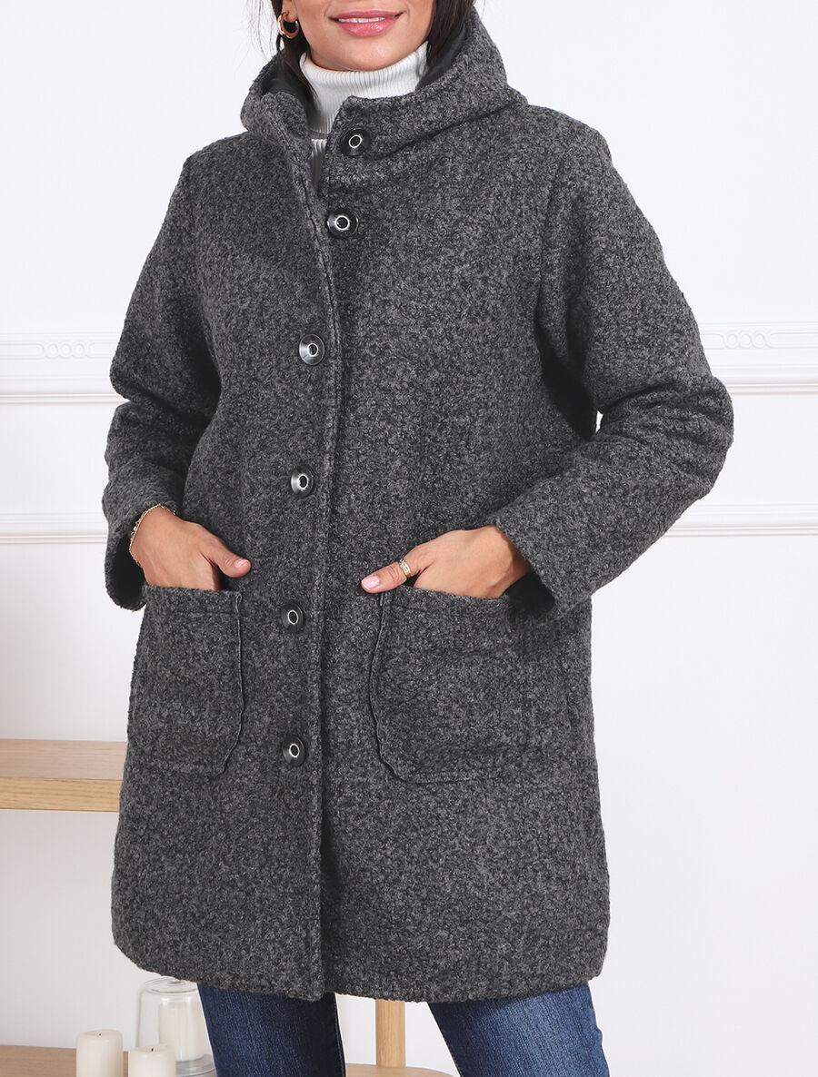 Manteau mi-long bouclé à capuche - Gris foncé - 3