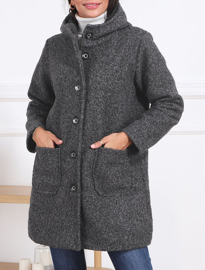 Manteau mi-long bouclé à capuche - Gris foncé - 3