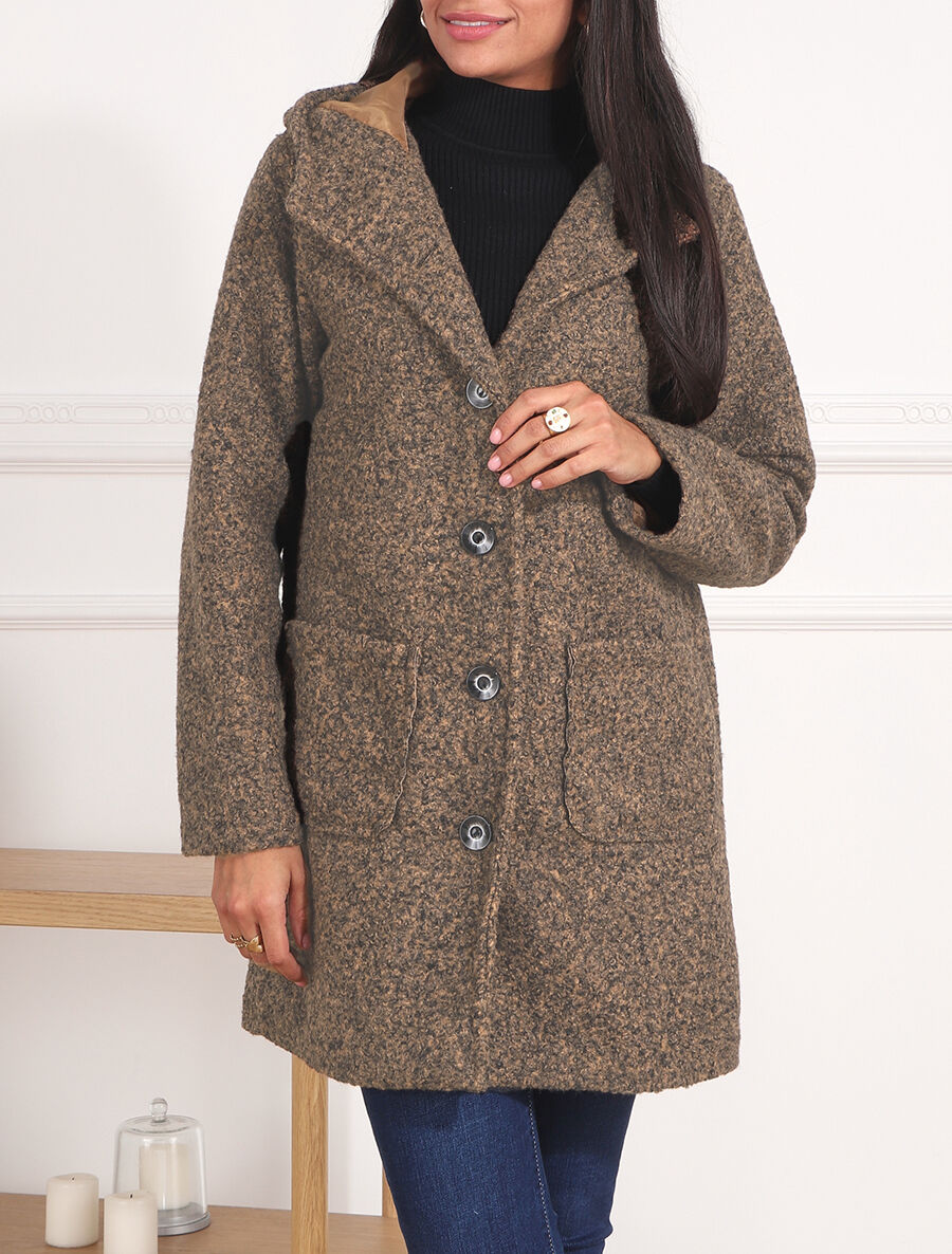 Manteau mi-long bouclé à capuche - Camel chiné - 3