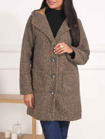 Manteau mi-long bouclé à capuche - Camel chiné - 3