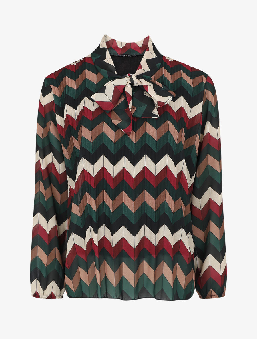Blouse lavallière plissée imprimé zig-zag - Vert - 1