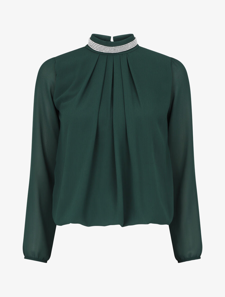 Top en voile uni à col bijoux - Vert sapin - 1