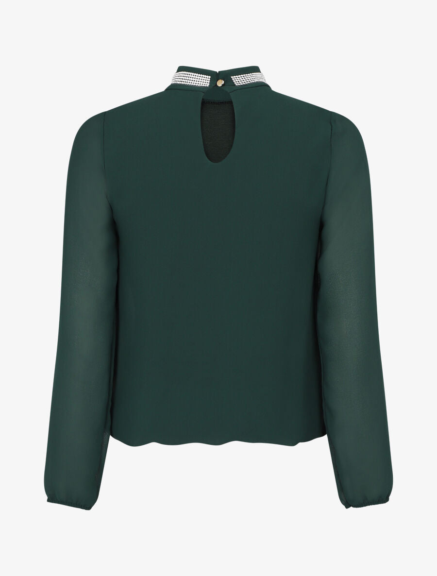 Top en voile uni à col bijoux - Vert sapin - 2