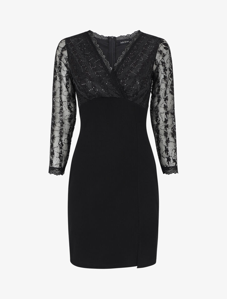 Robe droite à buste et manches en dentelle et sequins - Noir - 5