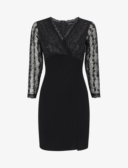 Robe droite à buste et manches en dentelle et sequins - Noir - 5