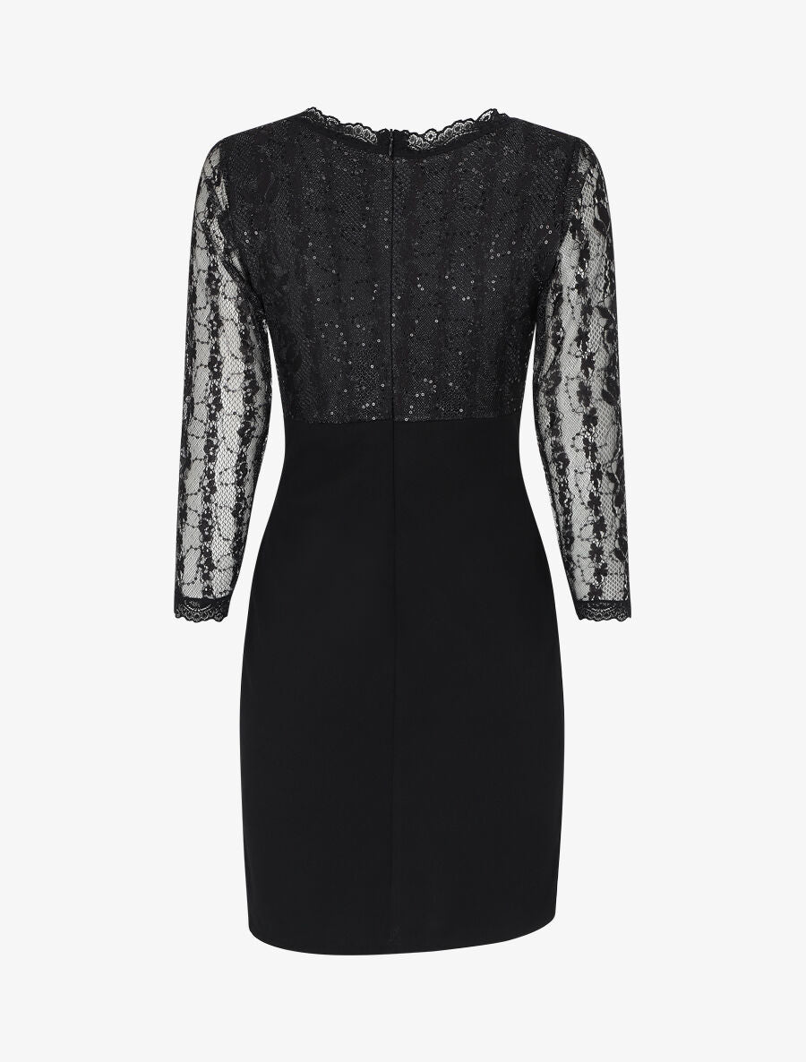 Robe droite à buste et manches en dentelle et sequins - Noir - 2