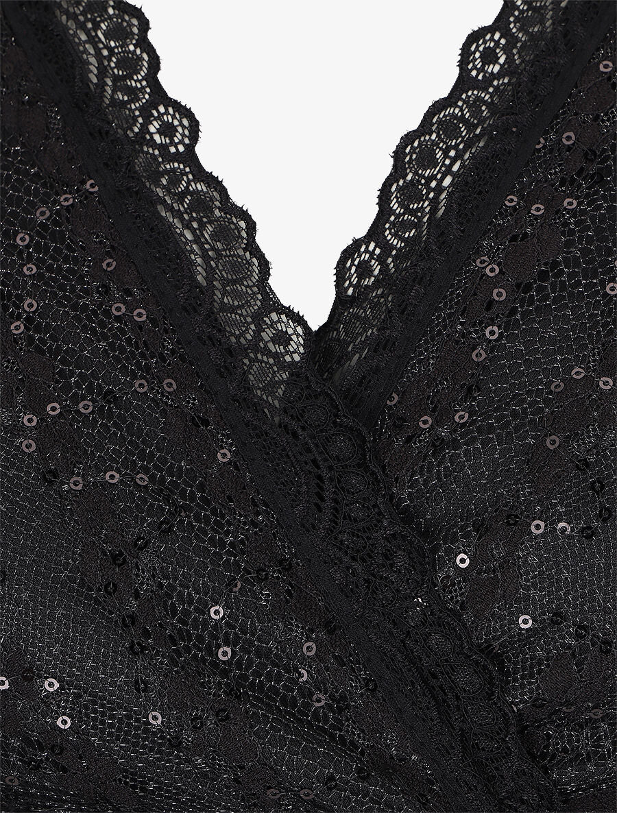Robe droite à buste et manches en dentelle et sequins - Noir - 3