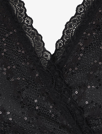 Robe droite à buste et manches en dentelle et sequins - Noir - 3