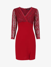 Robe droite à buste et manches en dentelle et sequins - Bordeaux - 5