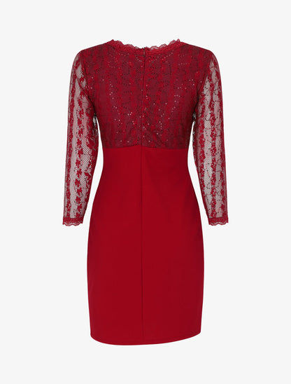 Robe droite à buste et manches en dentelle et sequins - Bordeaux - 2