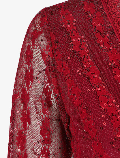 Robe droite à buste et manches en dentelle et sequins - Bordeaux - 3