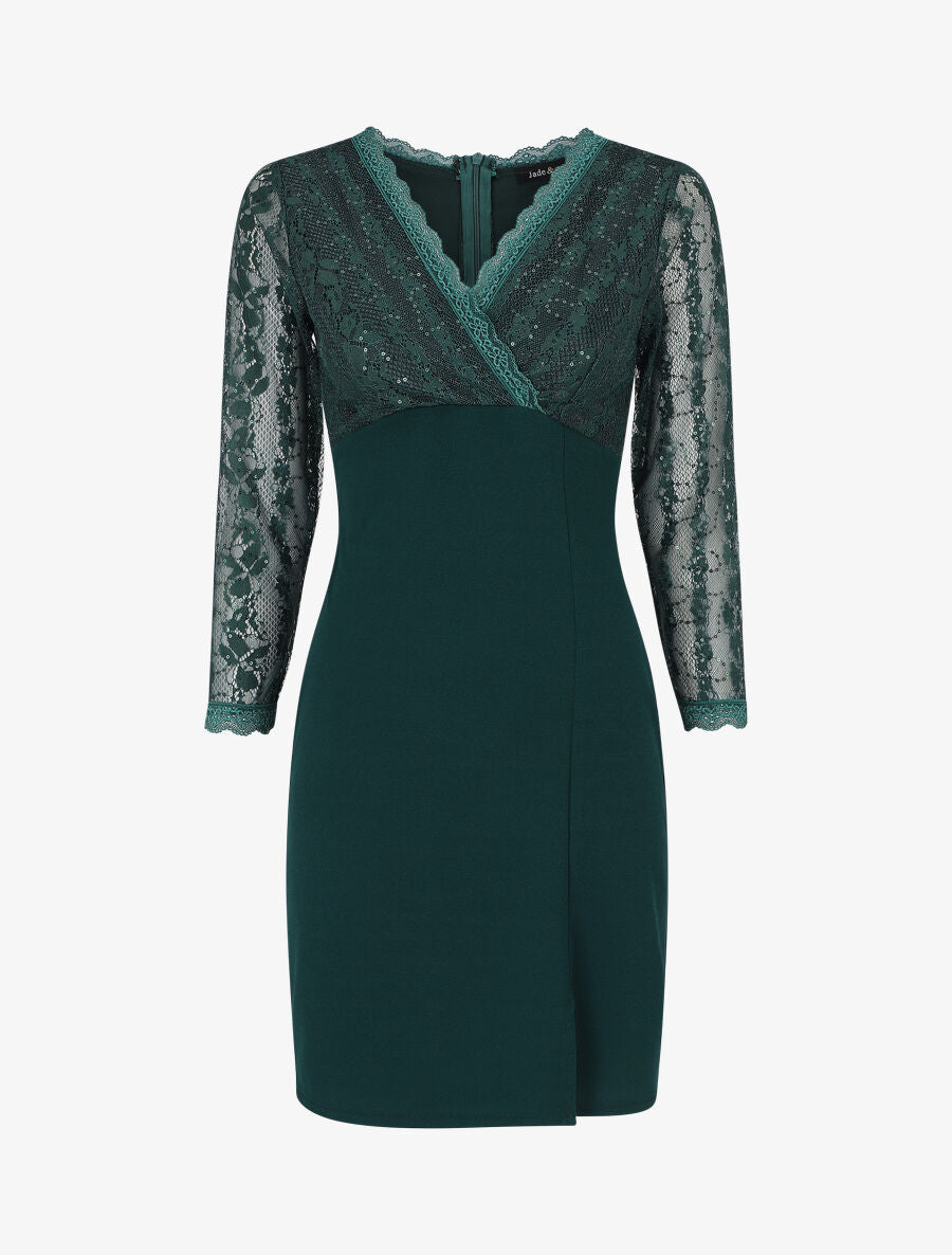 Robe droite à buste et manches en dentelle et sequins - Vert sapin - 5