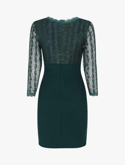 Robe droite à buste et manches en dentelle et sequins - Vert sapin - 2