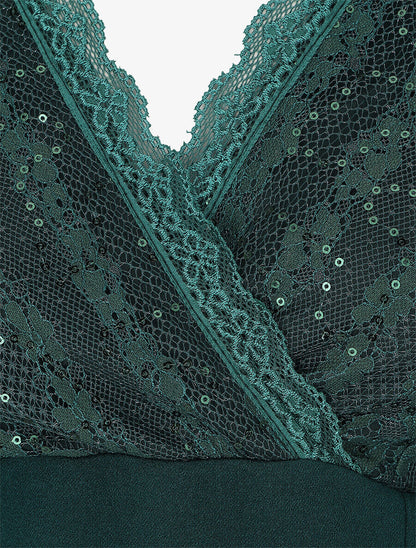 Robe droite à buste et manches en dentelle et sequins - Vert sapin - 3