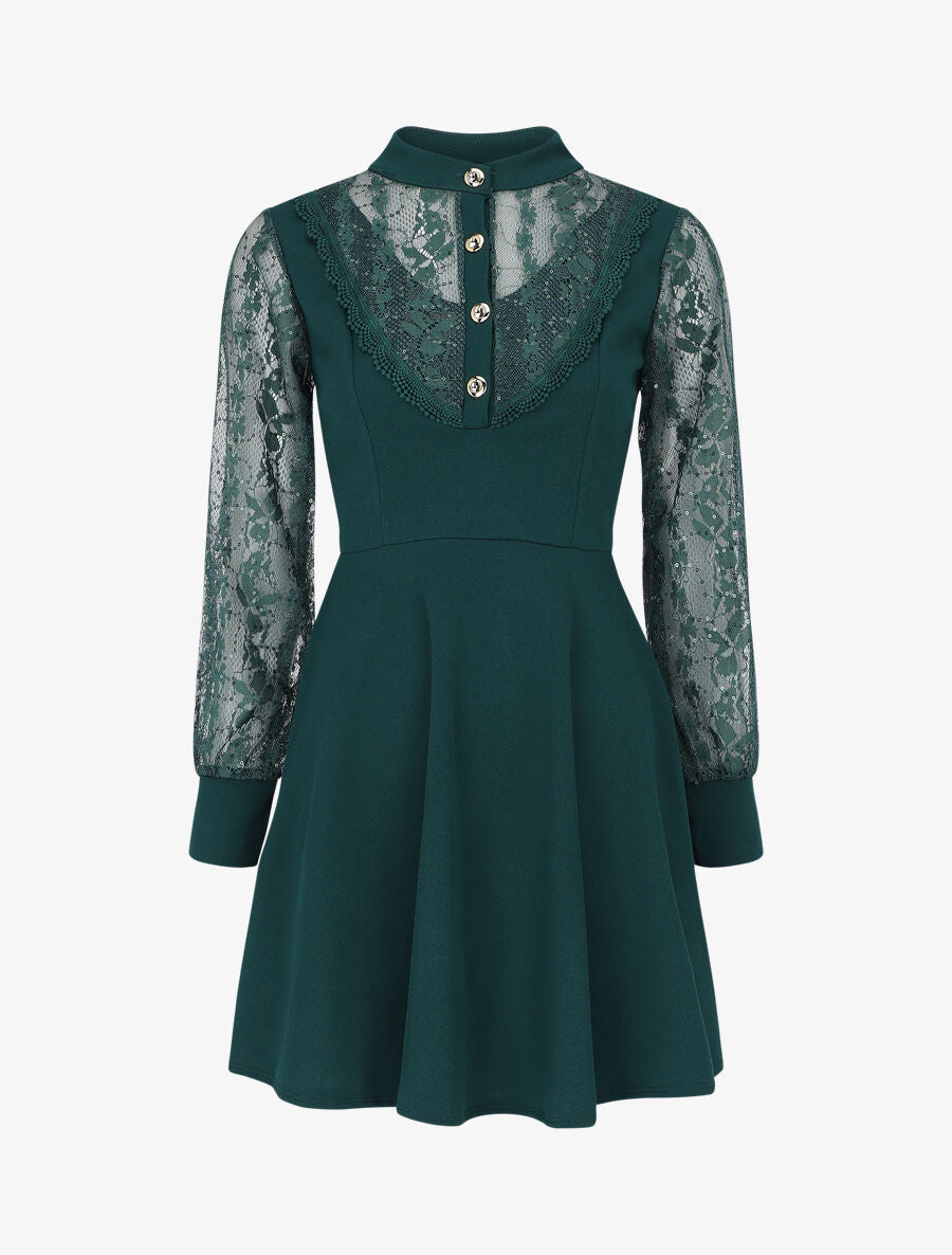 Robe droite à manches en dentelle et sequins - Vert sapin - 1