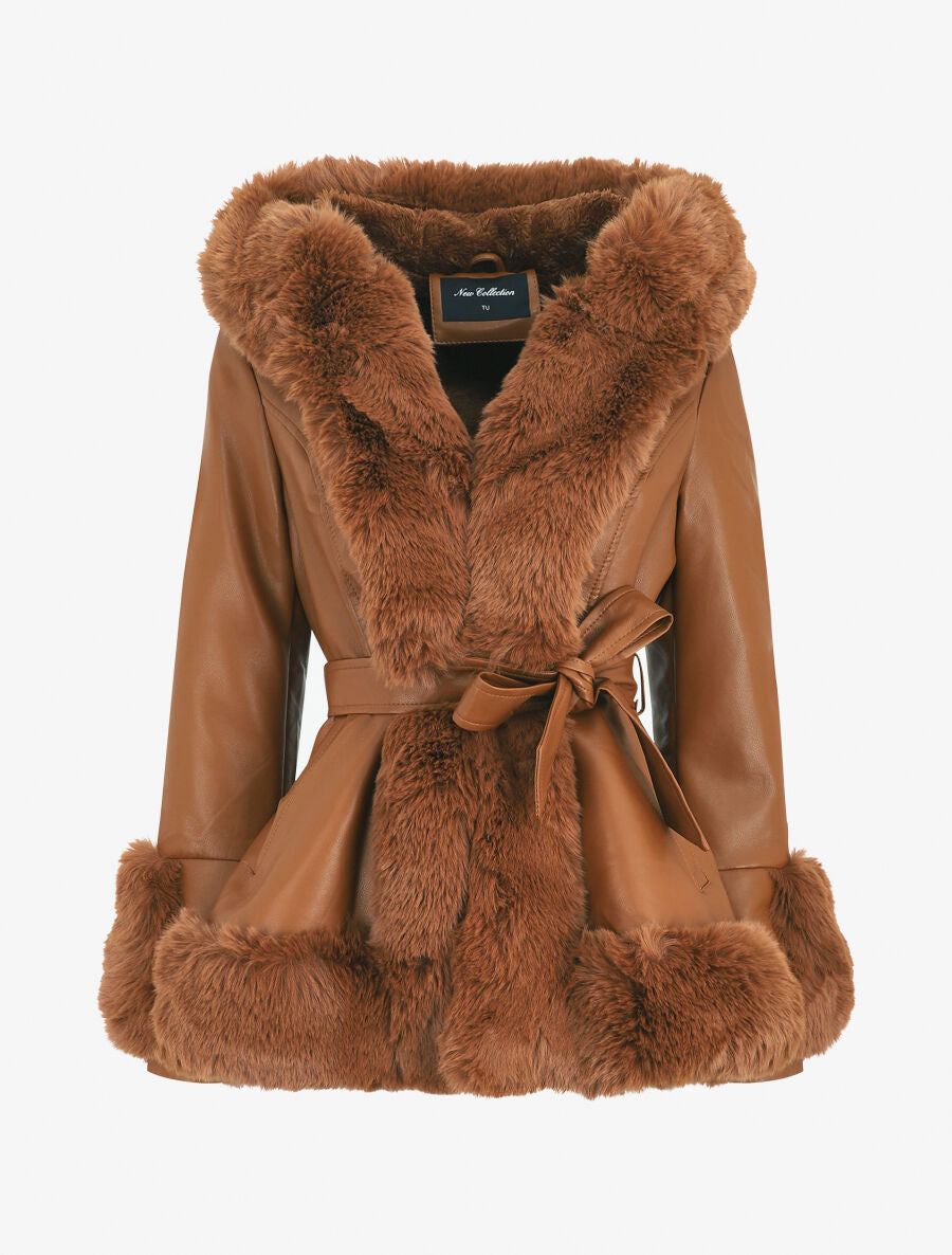 Manteau évasé en simili et fourrure synthétique - Camel - 1