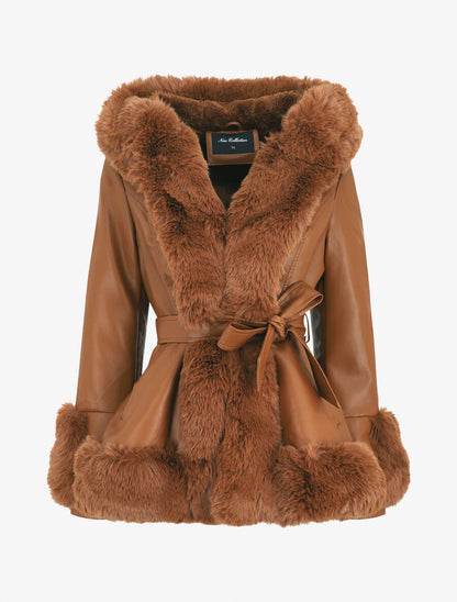 Manteau évasé en simili et fourrure synthétique - Camel - 1