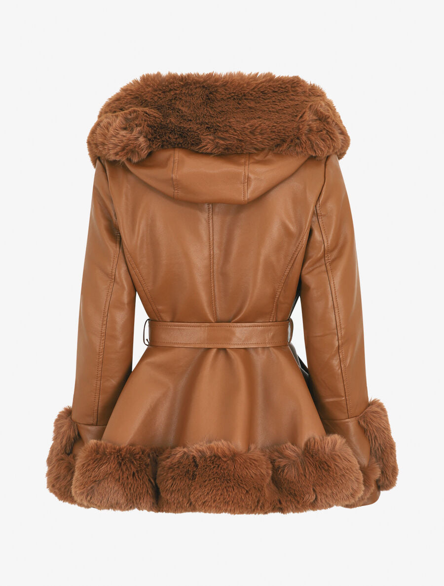 Manteau évasé en simili et fourrure synthétique - Camel - 2