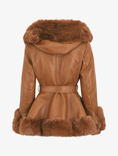 Manteau évasé en simili et fourrure synthétique - Camel - 2