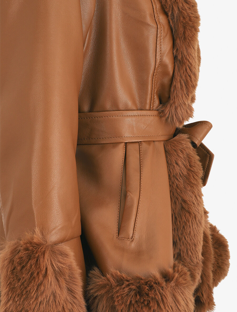 Manteau évasé en simili et fourrure synthétique - Camel - 3