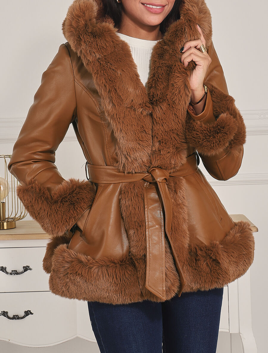 Manteau évasé en simili et fourrure synthétique - Camel - 4
