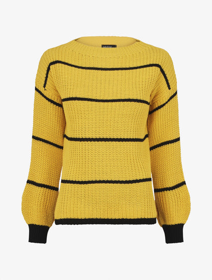 Pull en maille à imprimé rayures - Jaune moutarde - 1
