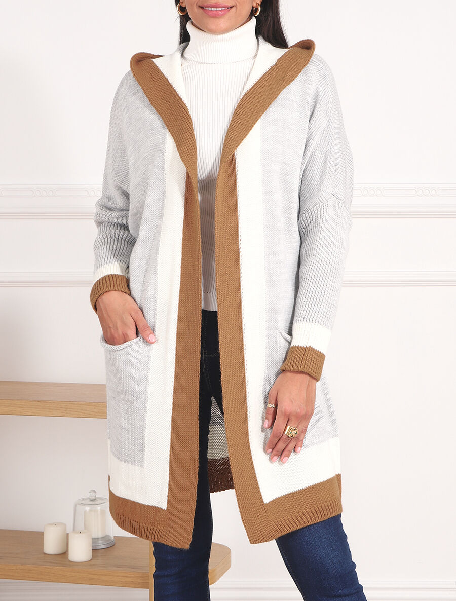 Gilet long rayé à capuche - Gris clair - 4
