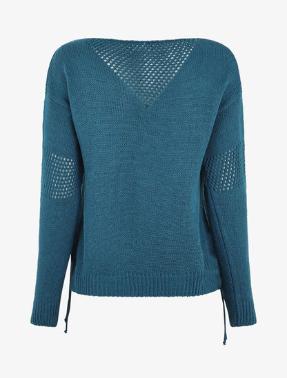Pull droit uni à liens - Bleu canard - 2