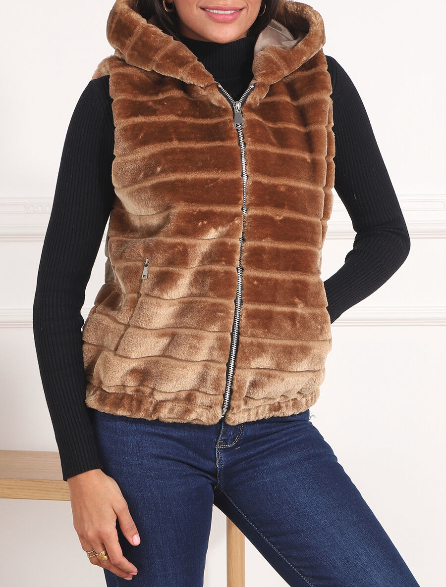 Manteau sans manches en fourrure synthétique - Camel - 4