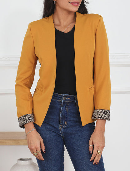 Blazer uni à revers imprimé grec - Jaune moutarde - 4