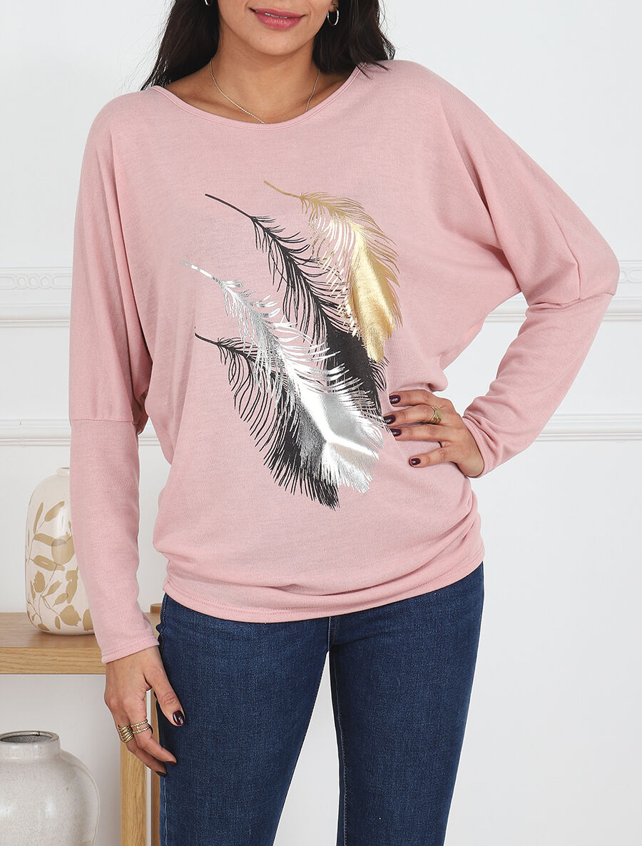 Pull fin à imprimé 4 plumes irisées - Rose - 4