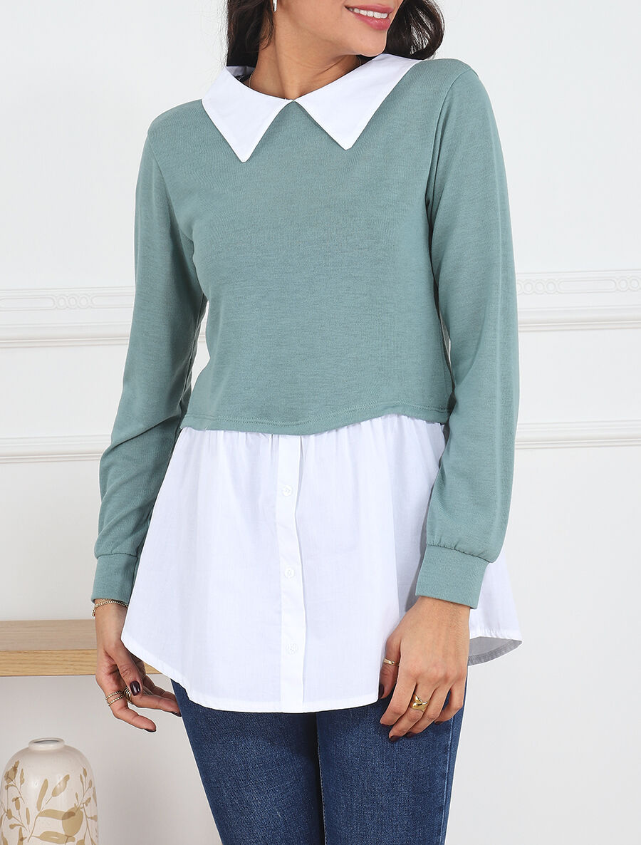 Pull à chemise superposée - Bleu ciel - 4