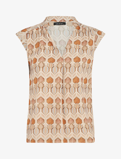 Top à mancherons col V imprimé graphique - Beige - 5