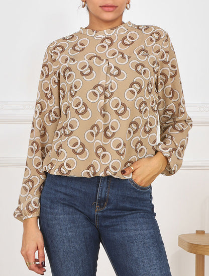 Blouse manches longues à col rond et imprimé anneaux - Beige - 4