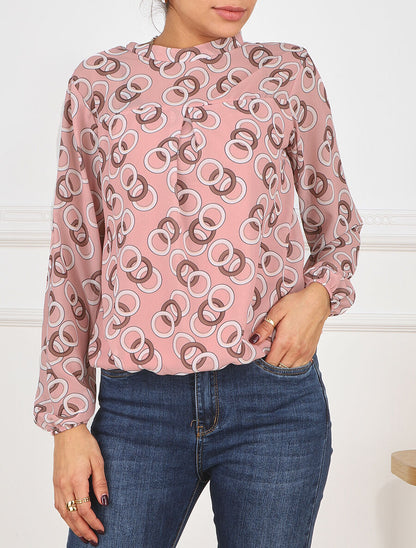 Blouse manches longues à col rond et imprimé anneaux - Rose - 4