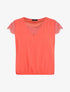 Top uni à mancherons col V et dentelle - Corail - 1