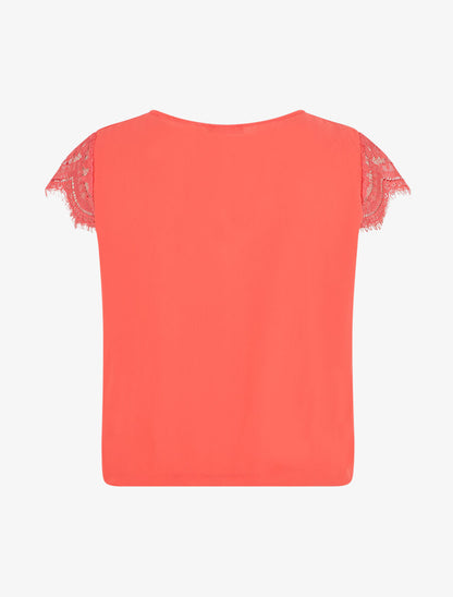 Top uni à mancherons col V et dentelle - Corail - 2