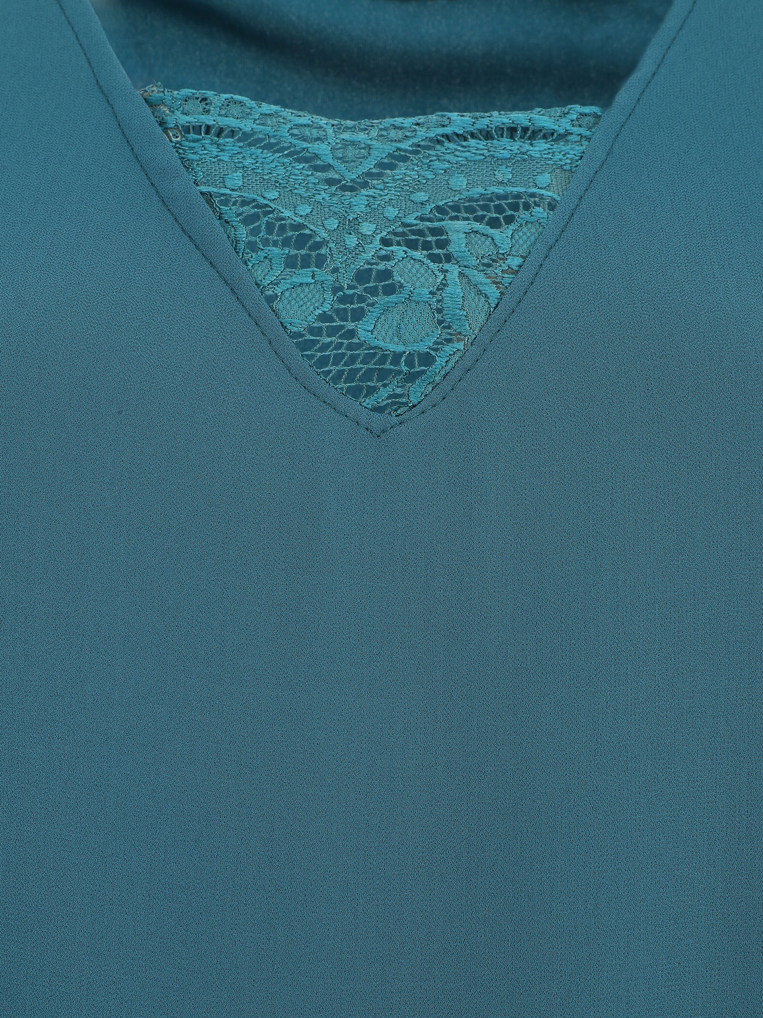 Top uni à mancherons col V et dentelle - Bleu canard - 3