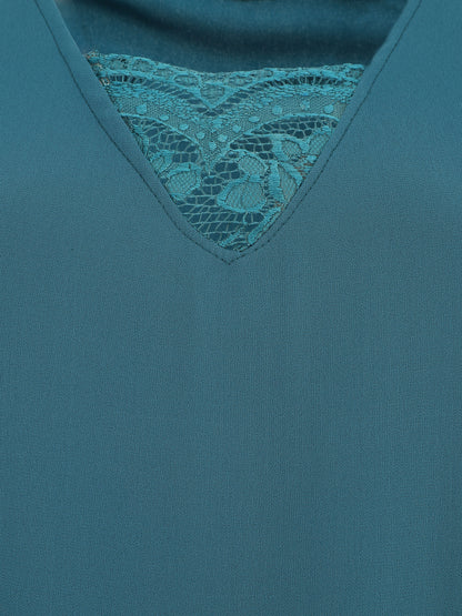 Top uni à mancherons col V et dentelle - Bleu canard - 3