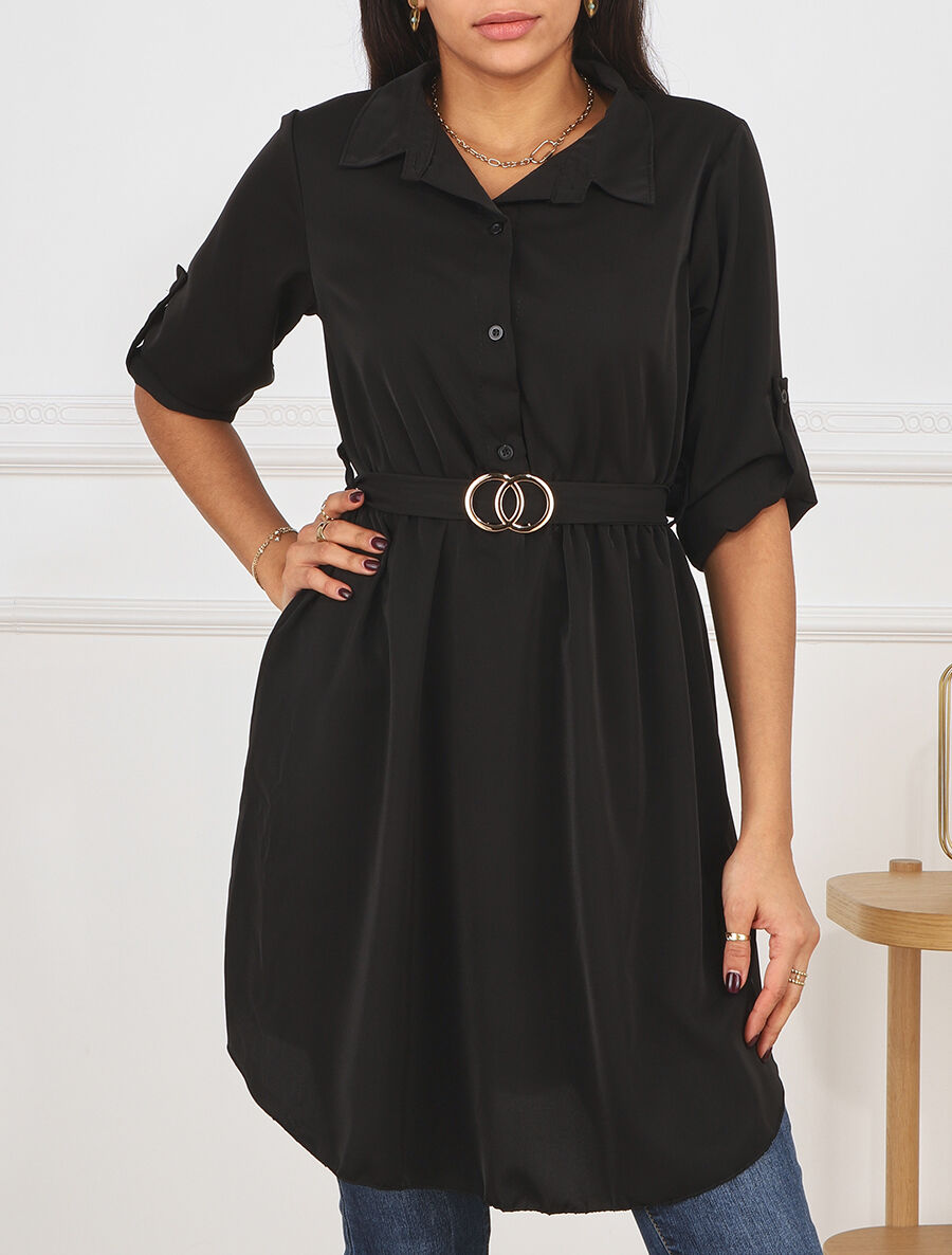 Robe chemise courte évasée - Noir - 4
