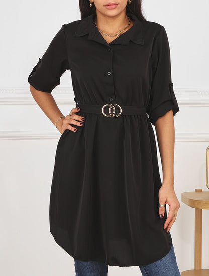 Robe chemise courte évasée - Noir - 4