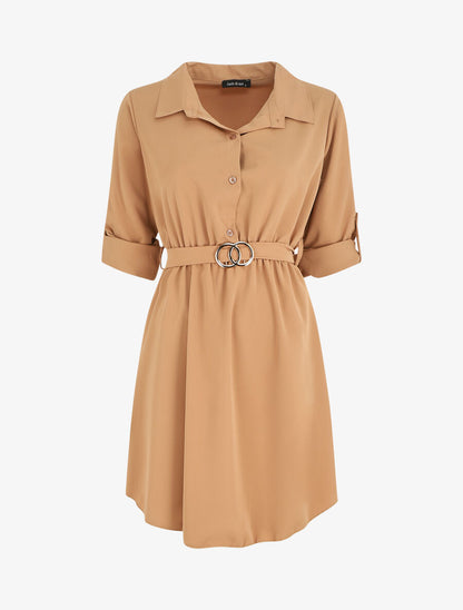 Robe chemise courte évasée - Camel - 1