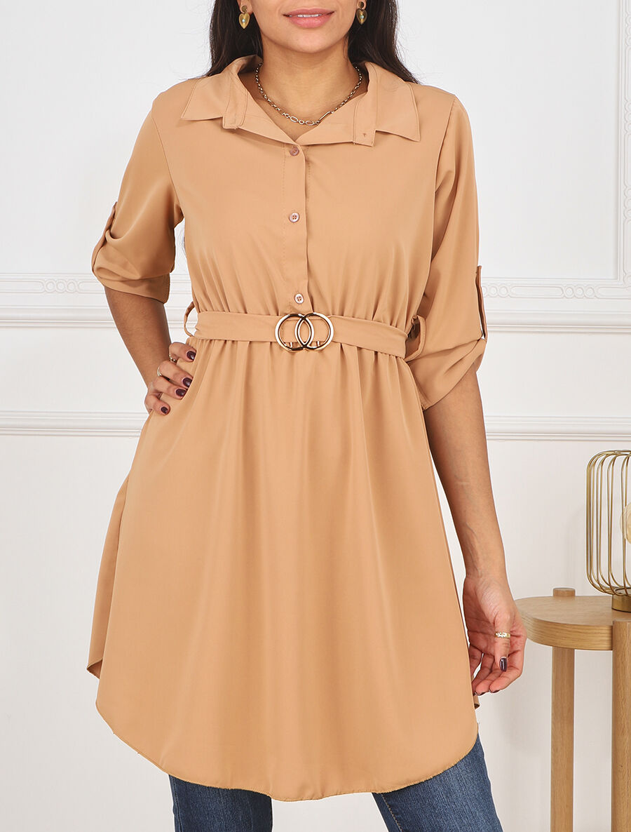 Robe chemise courte évasée - Camel - 4
